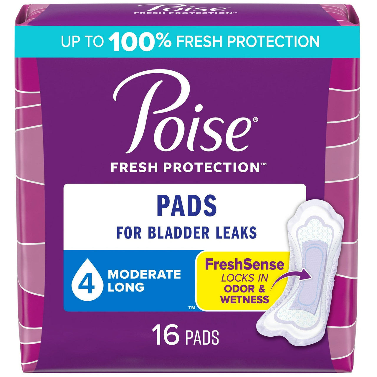 Poise Moderate Absorbency Pads, Long Length - 16 Ea